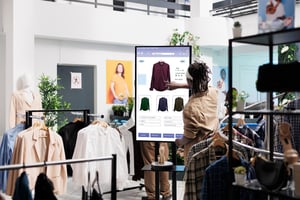 Woman using touch screen in retail store